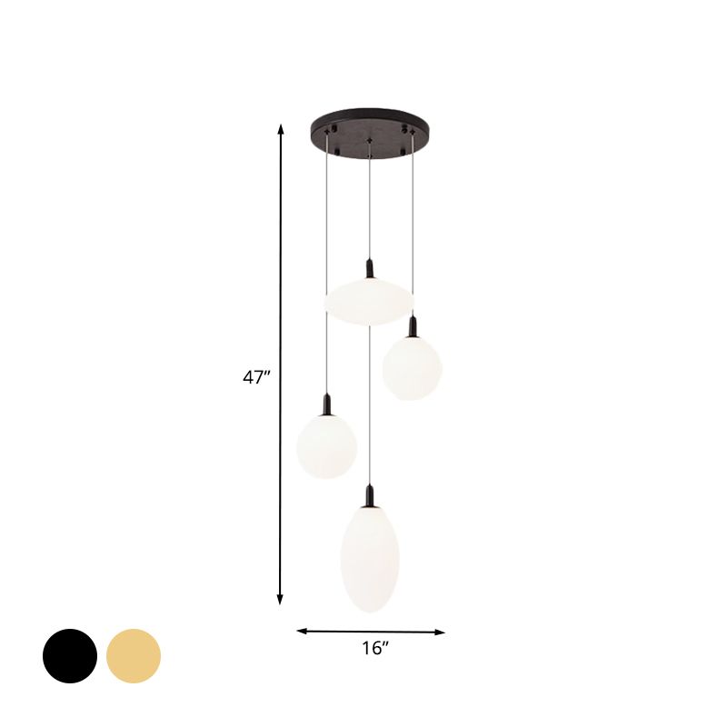 Gold/Black Ball and Oval Cluster Pendant Minimalism 4 Lights Cream Glass Hanging Lamp with Round Canopy