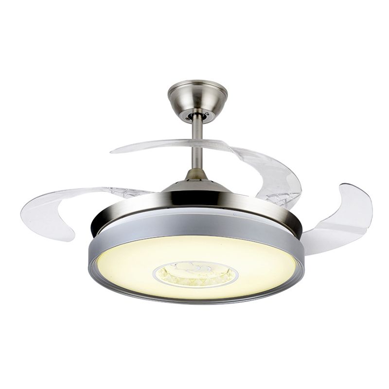4-Blade Acrylic Drum Pendant Fan Light Contemporary 19" Wide LED Silver Semi Flush for Dining Room