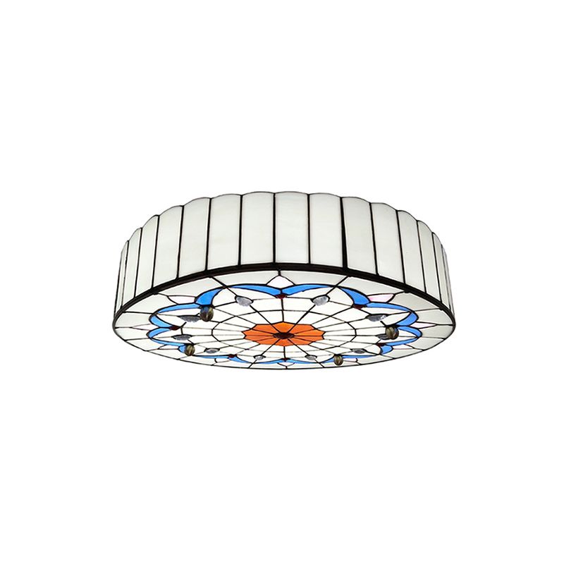Drum Ceiling Mount Light Mediterranean Stained Glass Flush Mount Fixture for Bedroom