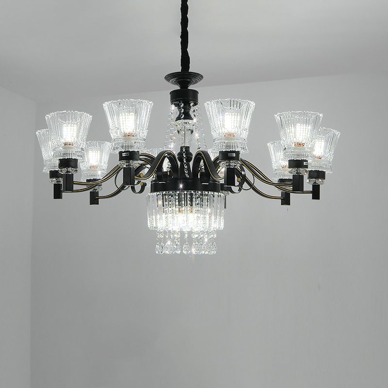 Black Tapered Hanging Ceiling Light Traditional Crystal Stands 13 Heads Great Room Chandelier