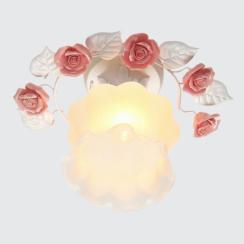 Ruffle Frosted White Glass Semi Flush Mounted Light Pastoral Style 1-Light Dining Room Ceiling Lighting in Pink/White/Blue