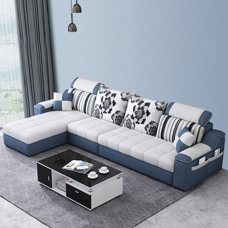 Pillow Top Linen Sofa & Chaise 31.5" H Loose Back Sofa in Grey and Blue