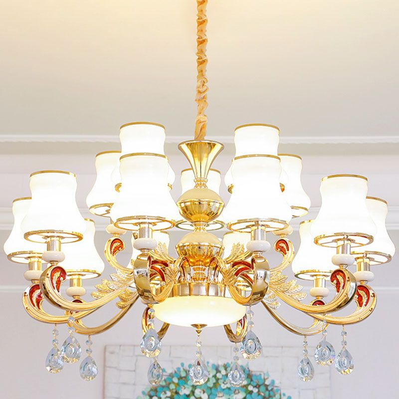 Luz de lámpara de araña simple Gold Curvado Down Lighting Pendse con sombra de vidrio esmerilado blanco