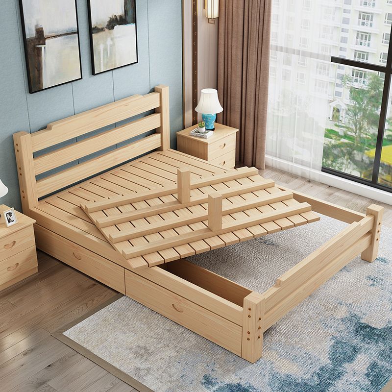 Pine Wood Bed in Light Brone Scandinavian Bed with Headboard