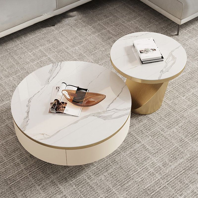 Slate and Metal Coffee Table Pedestal Round Cocktail Table with Drawer