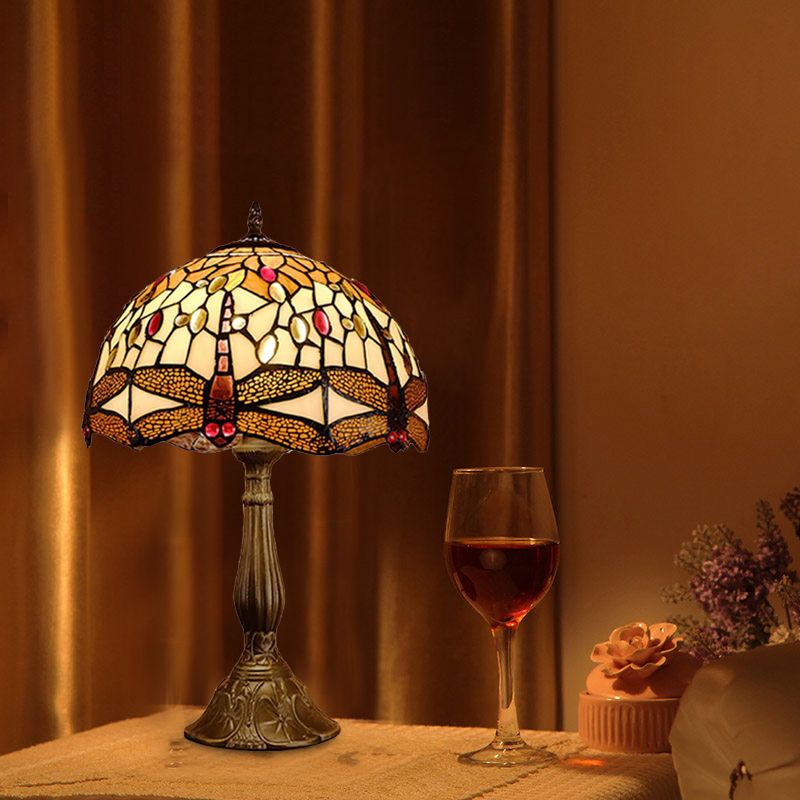 1-Bulb Domed Night Lamp Mediterranean Bronze Hand Cut Glass Nightstand Light with Dragonfly Pattern