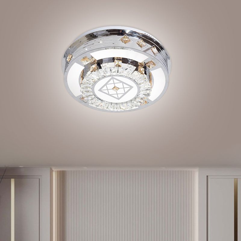Chrome LED Round Flush Mount Lighting Modernist Faceted Crystal Ceiling Fixture in Warm/White Light, 19.5"/31.5" Wide