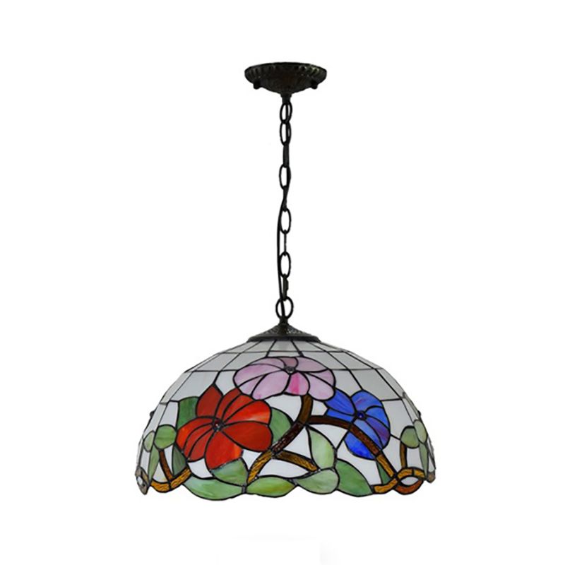 Floral Suspension Light Tiffany Stained Glass 1 Head Black Pendent Ceiling Light for Living Room