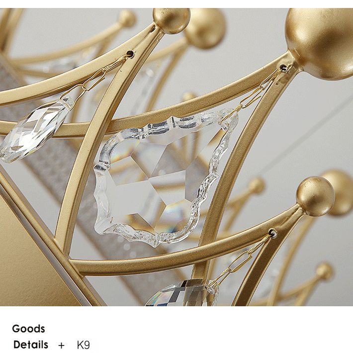 Gold Finish Crown Shaped Chandelier Minimalist Crystal LED Hanging Lamp for Bedroom