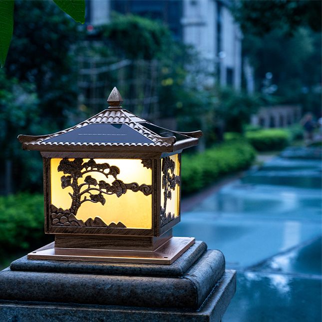 Metal Rectangular Shape Solar Pillar Lamp Modern-Style 1 Light Outdoor Light