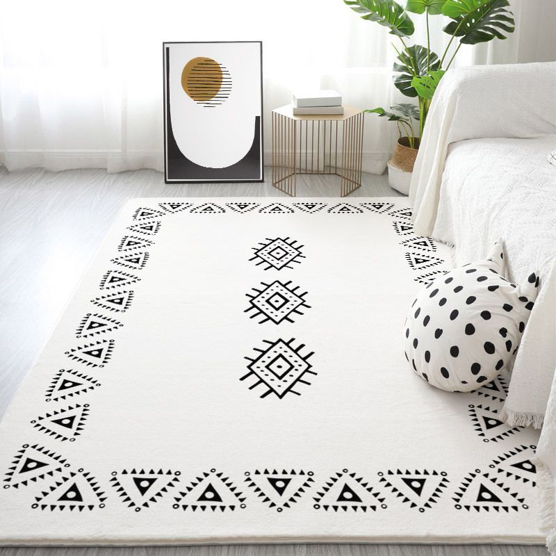 White Modern Rug Polyester Line Area Rug Non-Slip Backing Rug for Drawing Room