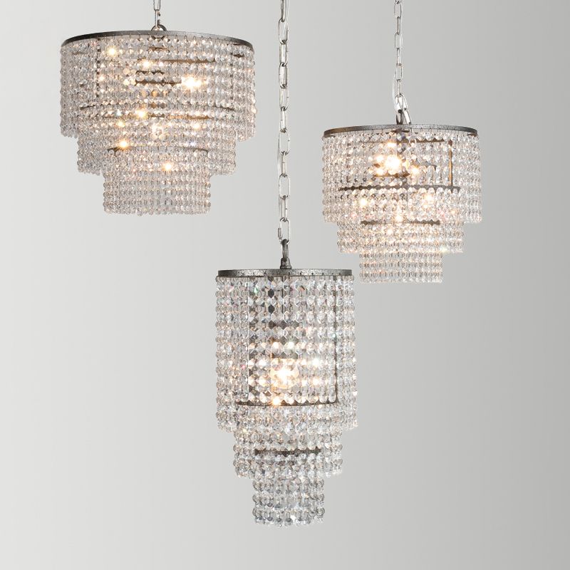 Dangling Crystal Layered Ceiling Lighting Traditional Entryway Chandelier Light Fixture in Chrome