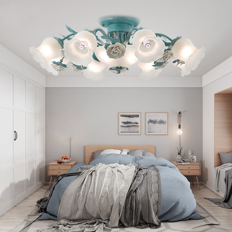 Korean Garden Flower Semi Flush Mount Frost Glass Ceiling Mounted Light for Bedroom