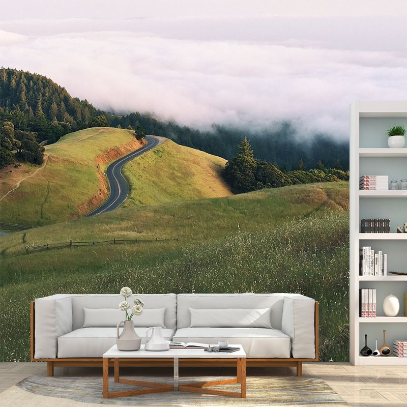 Green-White Modern Mural Decal Large Highway View from Meadow Wall Decor for Bedroom