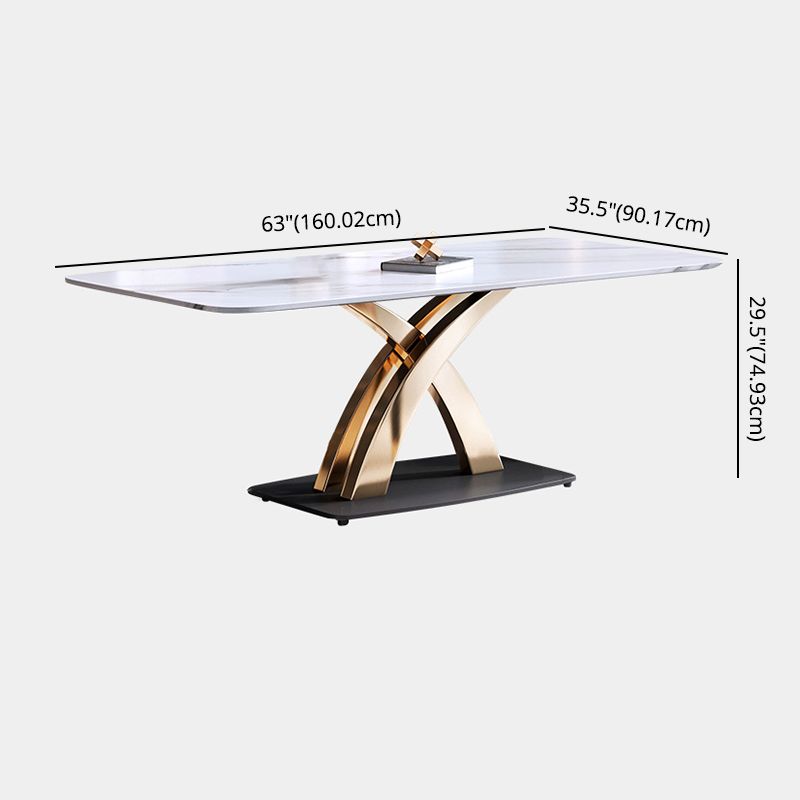 Contemporary Style Sintered Stone Dining Table with White Fixed Table and Gold Trestle Base