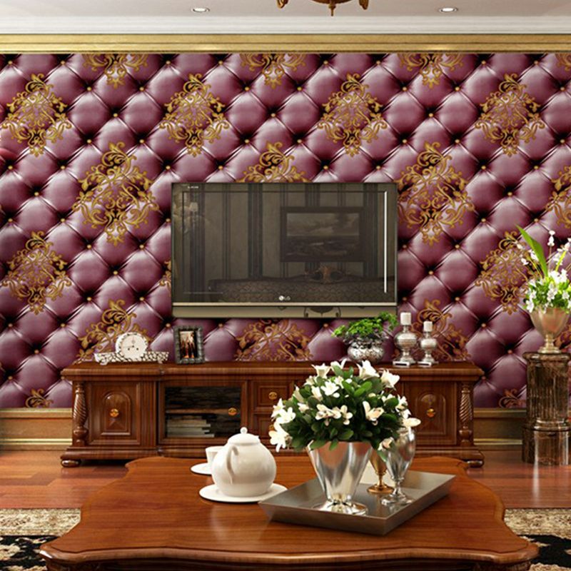 Damask Chesterfield Leather Wallpaper Vintage PVC Wall Covering in Purple and Red