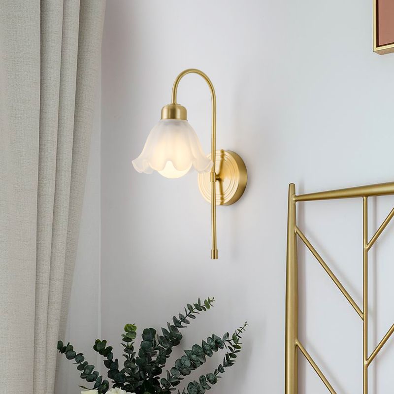 Modern Metal Wall Sconce Flower Shape Wall Light with Glass Shade for Bedroom in Gold