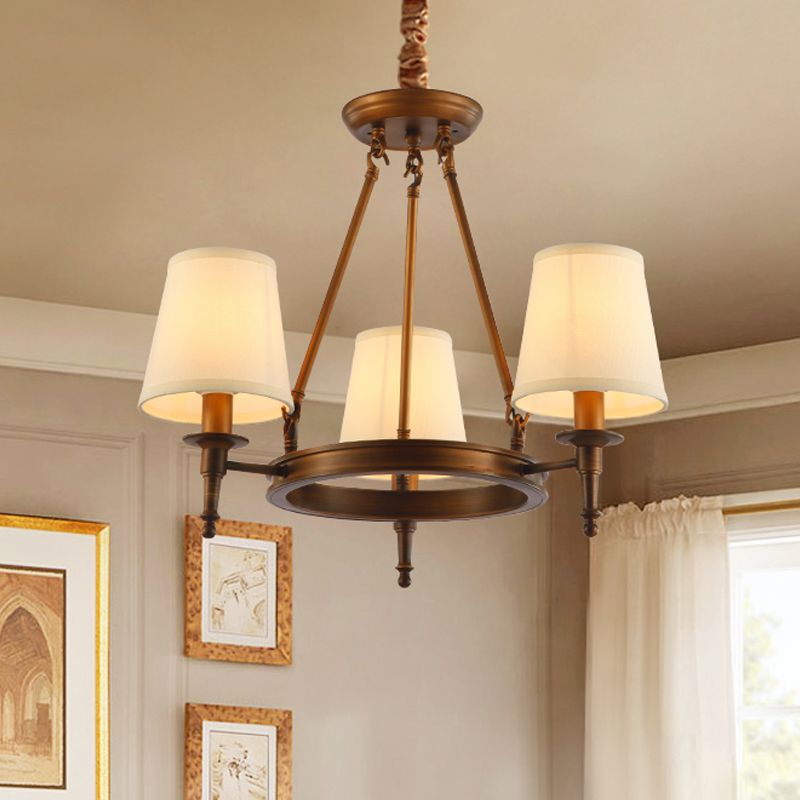 Conical Living Room Ceiling Chandelier Classic Fabric 3/6/8 Lights Antique Brass Hanging Fixture