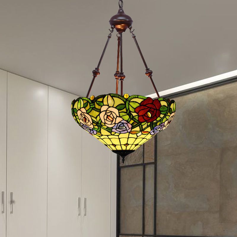 Chandelier suspendu à fleurs victoriennes 2 lumières de la suspension de plafond en verre coupé en rouge / jaune / orange