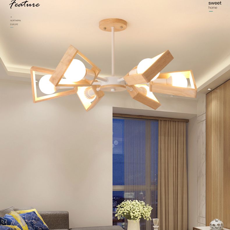 Ultra-modern Sputnik Hanging Chandelier Wood Hanging Lamp with Hanging Cord for Restaurant