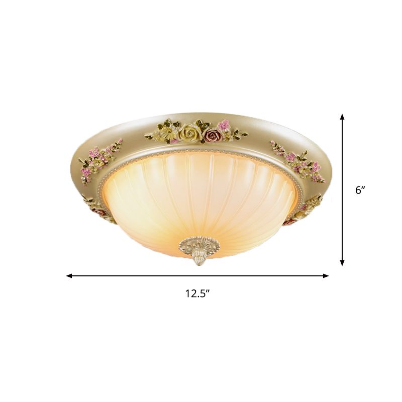 Beige 2/3-Head Flush Light Farmhouse Fluted Glass Domed Ceiling Lighting, 12.5"/14.5"/19" Width