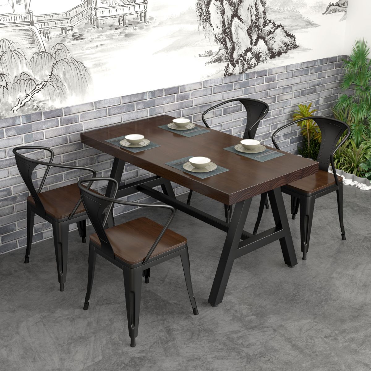 Industrial Rectangle Dining Table Pine Solid Wood Table with Black Trestle Base