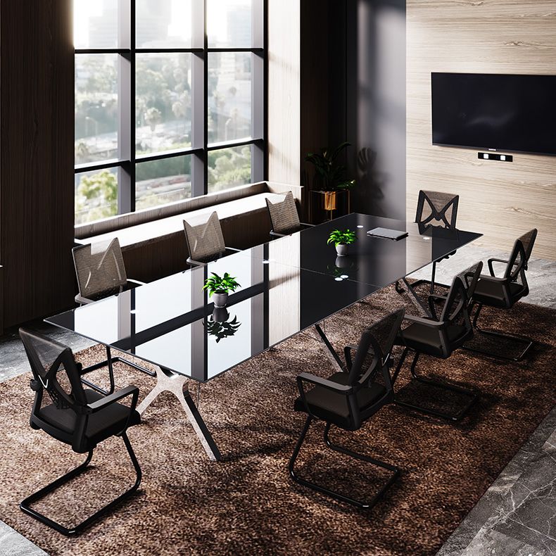 Steel Contemporary Rectangular Dining Table Glass Top Dining Table for Dining Room