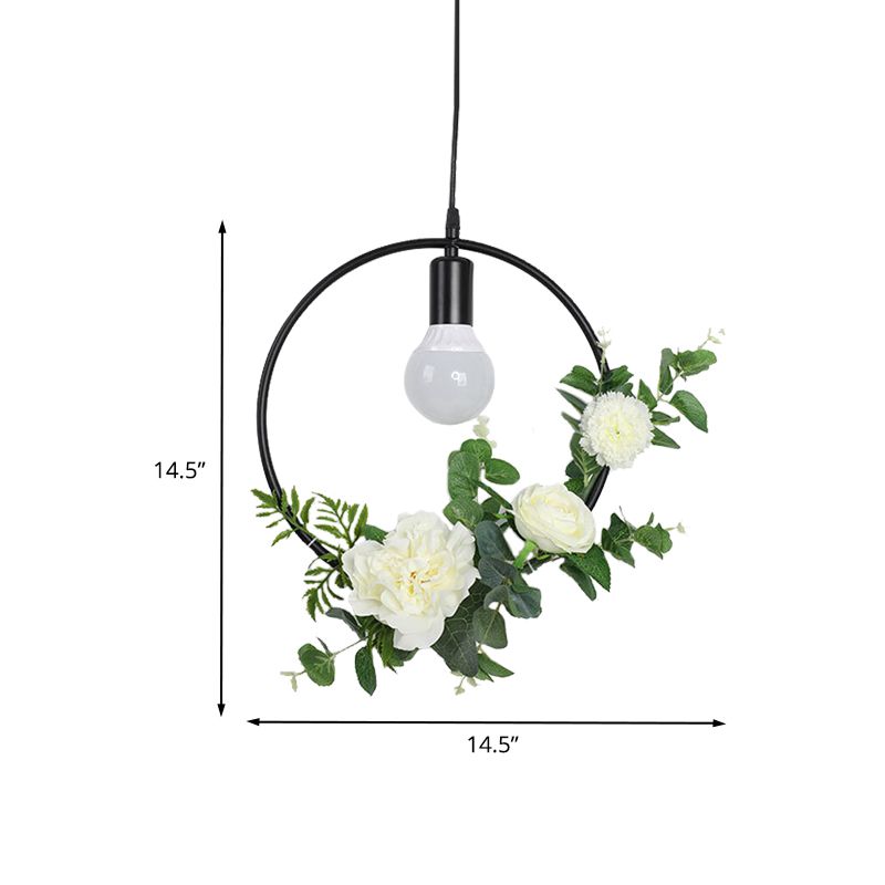 1 Bulb Artificial Flower Ceiling Pendant Loft Style Black Iron Down Lighting with Triangle/Round/Square Frame