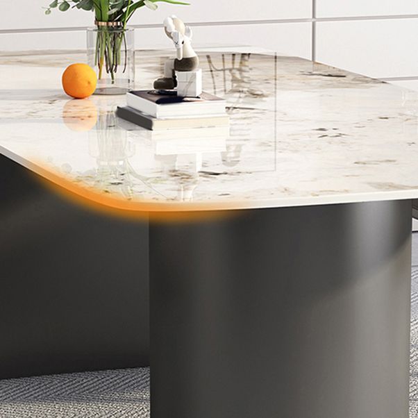 White Stone Top Dining Table Rectangular Tabletop with Metal Double Pedestal Base