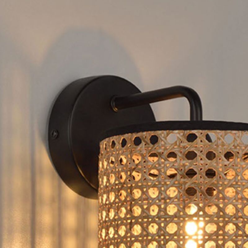 Rattan Cylinder Shape Wall Sconce Modern Style 1 Light Wall Light Sconce in Black