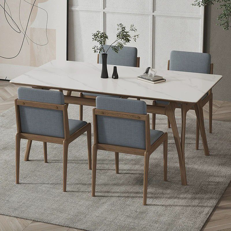 Mesa de comedor rectangular de piedra sinterizada Tapa de piedra blanca con base de madera y 4 patas