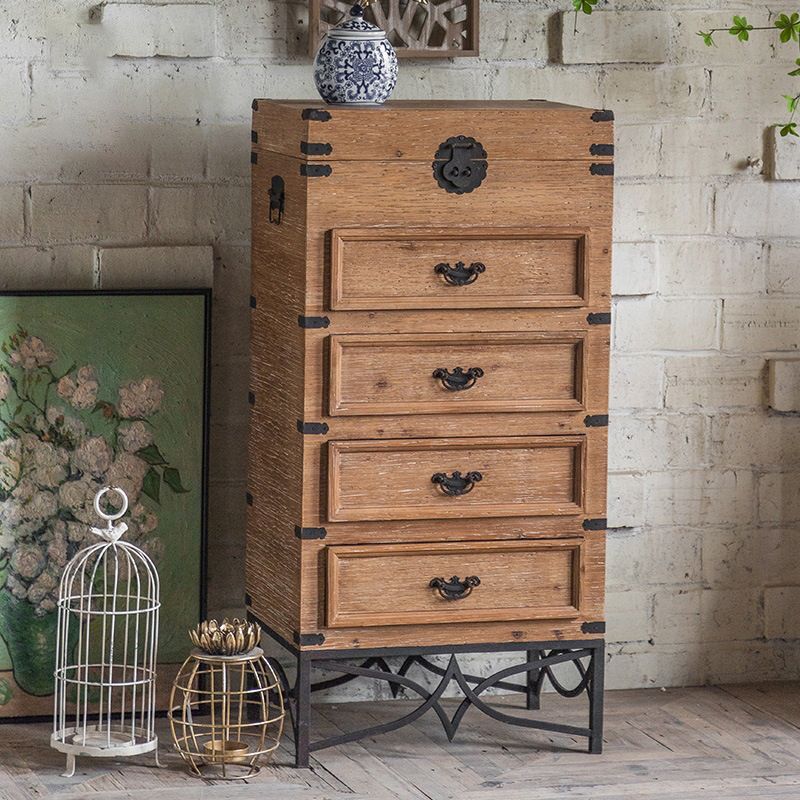 Brown Accent Cabinet Wood and Metal Chest with Storage Drawers