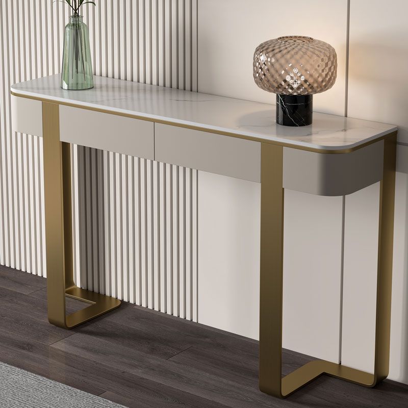 Modern Accent Table Stone Half Moon Console Table with 1 Shelf , 33.46" Tall