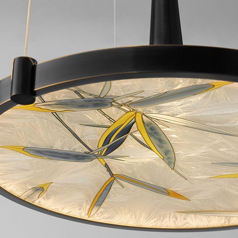 16"/23.5" Wide LED Frosted Glass Chandelier Lamp Classic Black Round Living Room Ceiling Pendant