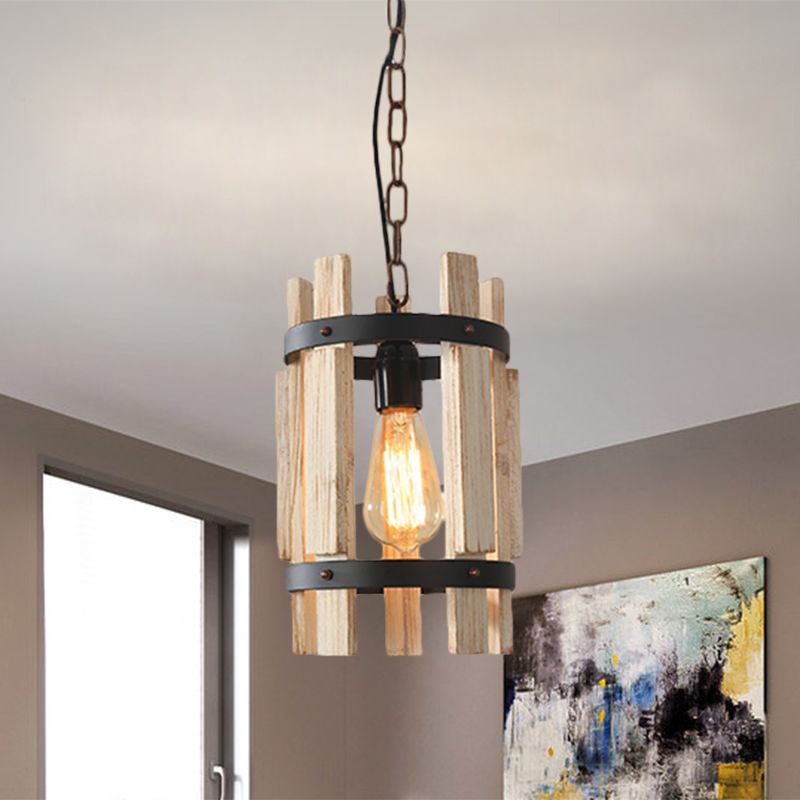 Round Metallic Pendant Lamp Rustic 1 Bulb Parlor Suspension Lamp with Cylindrical Wooden Frame in Wood/White