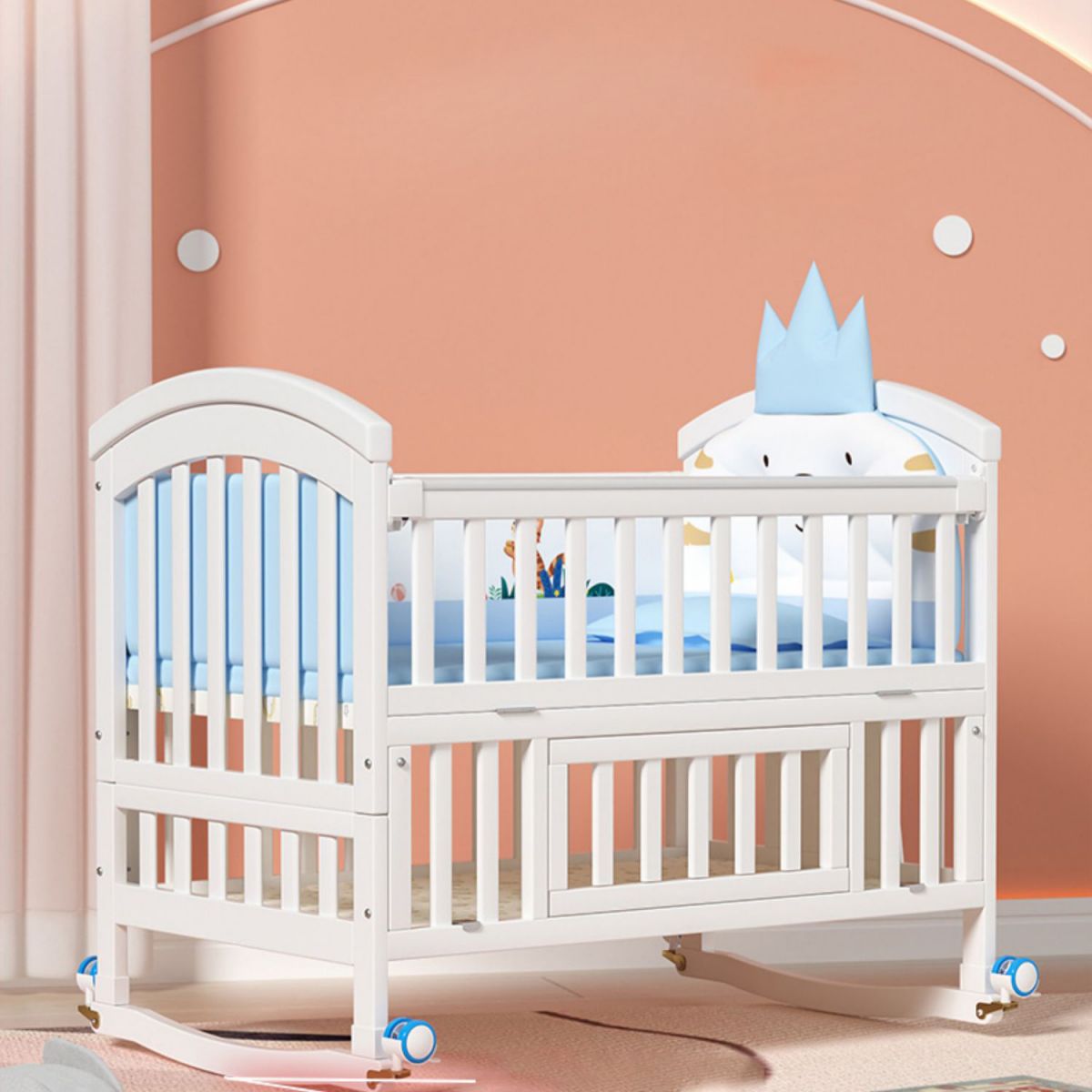 Modern Baby Crib with Guardrail and Casters Wood White Nursery Bed