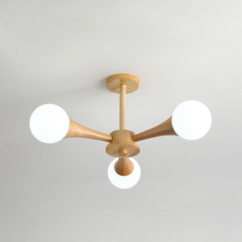 Modern Ceiling Lamp Simplicity Wooden Bedroom Chandelier with White Glass Shade