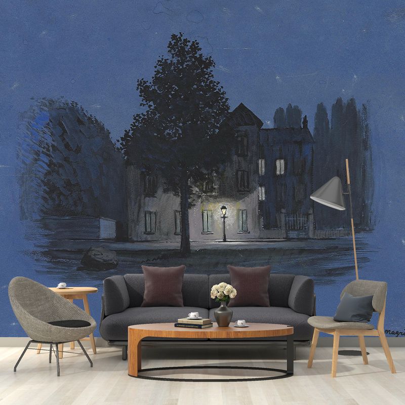 Surrealist L'autre Parole Wall Mural in Black-Blue Living Room Wall Covering, Made to Measure