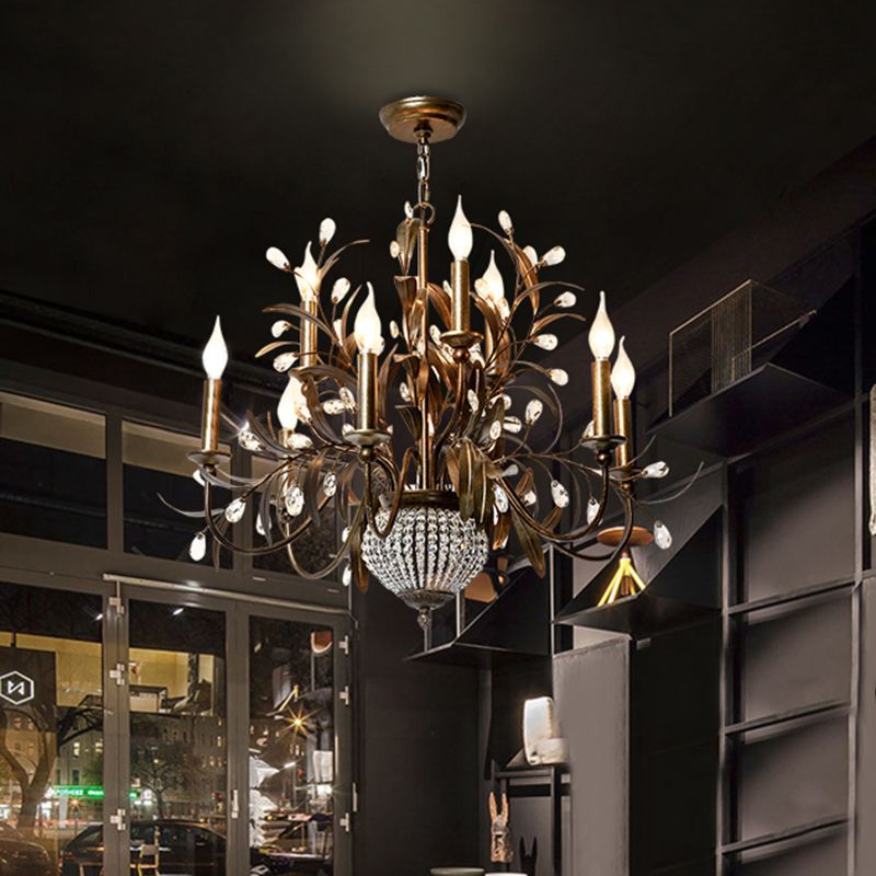 9 Bulbs Branch Ceiling Chandelier Contemporary Metal Suspended Lighting Fixture in Antique Brass