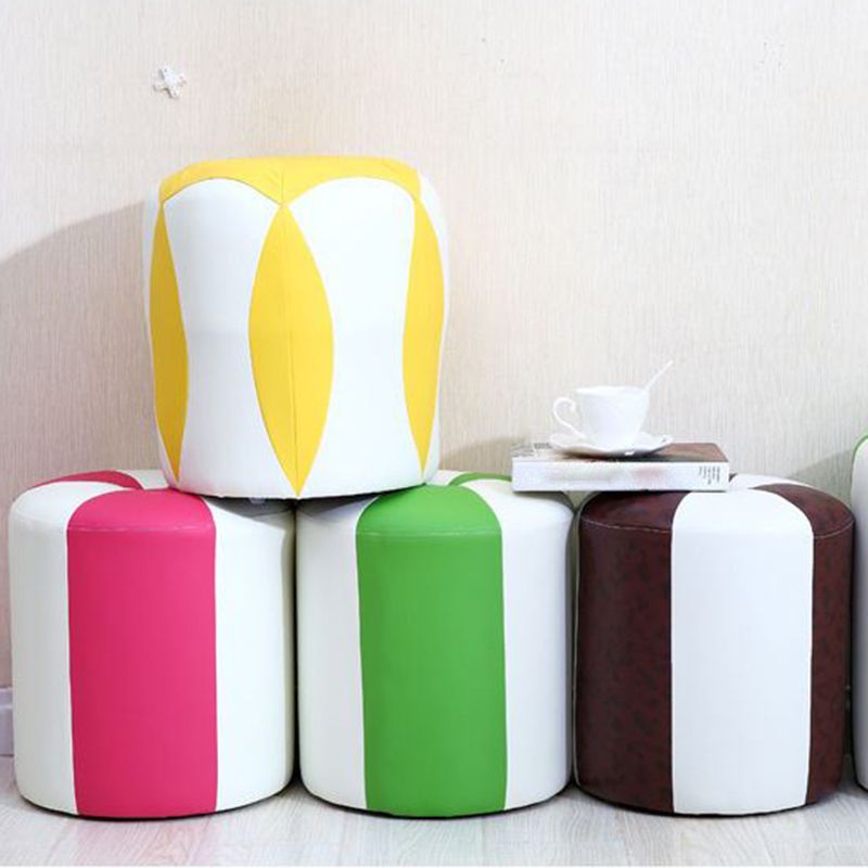 Modern Water Resistant Pouf Round Color Block Leather Indoor Pouf