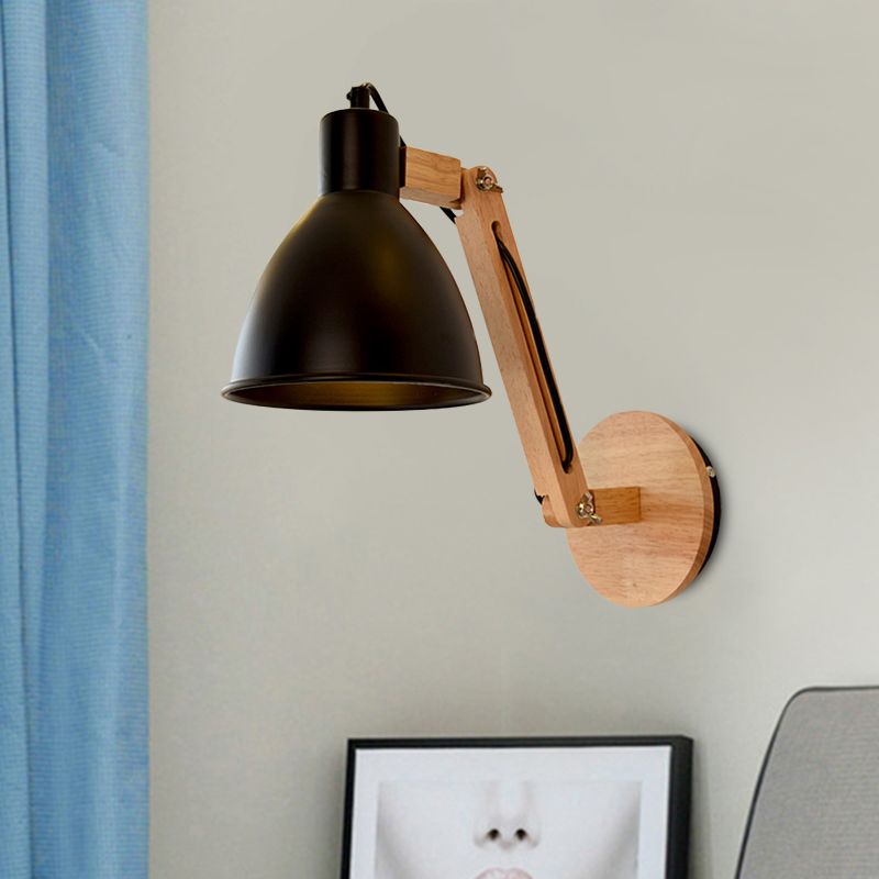 Lámpara montada en la pared con cúpula de hierro Luz de pared de acabado blanco/negro moderno con brazo de madera con brazo de madera