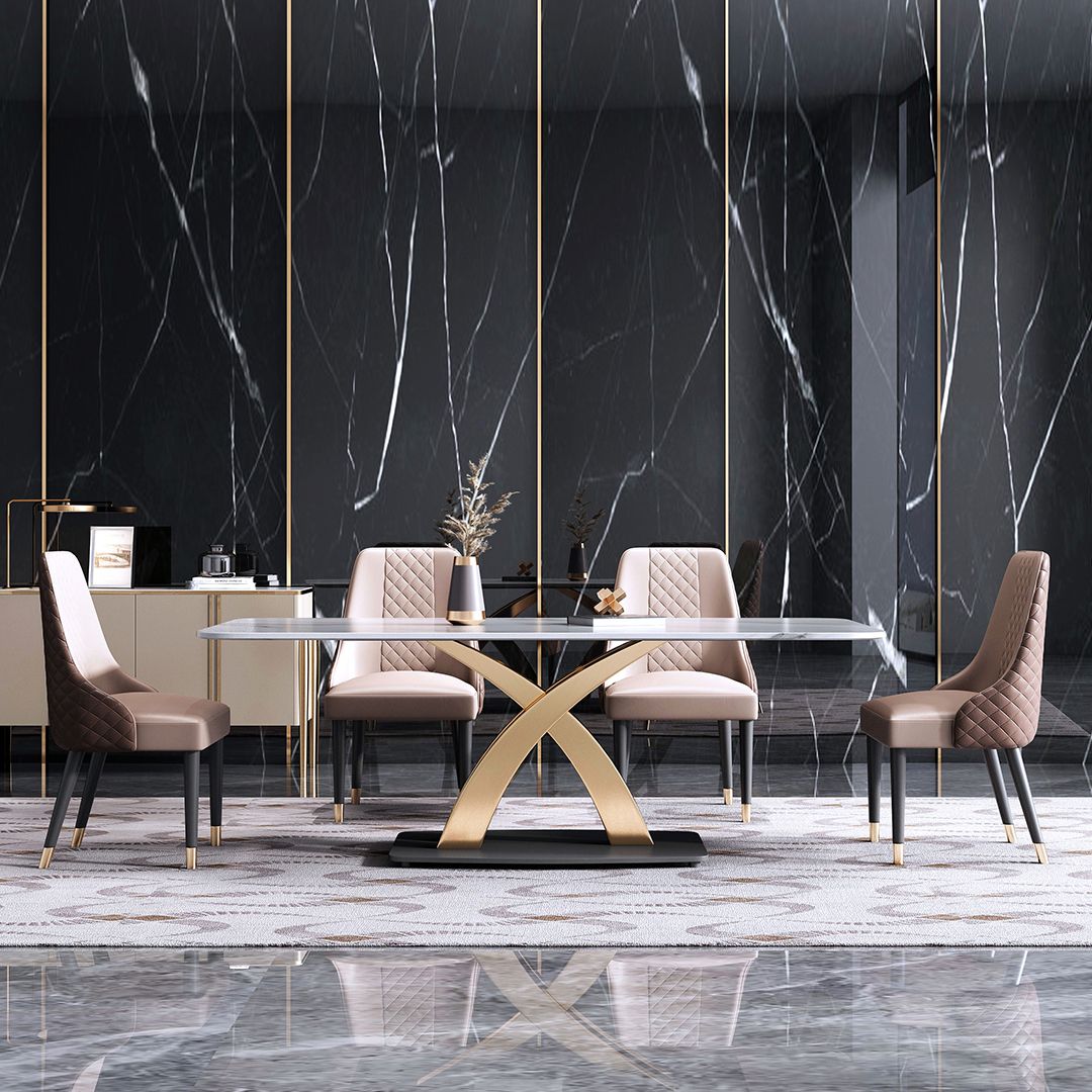 Contemporary Style Sintered Stone Dining Table with White Fixed Table and Gold Trestle Base