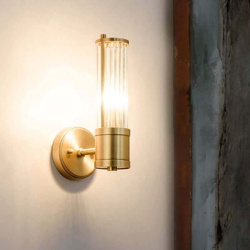 1/2 Lights Hallway Wall Sconce Lighting Contemporary Brass Wall Mount Light Fixture with Cylinder Crystal Shade