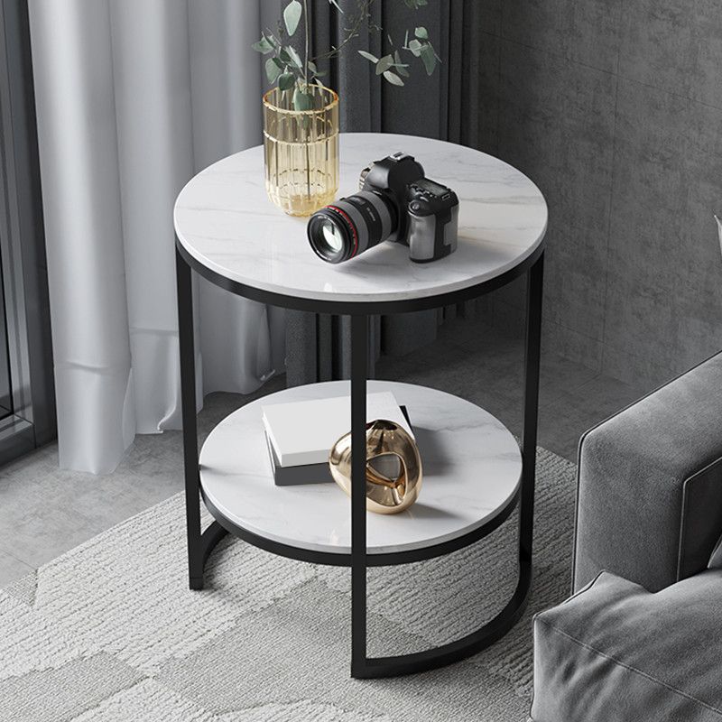 Metal Frame Side End Table Round Stone Top Side Table with Shelf