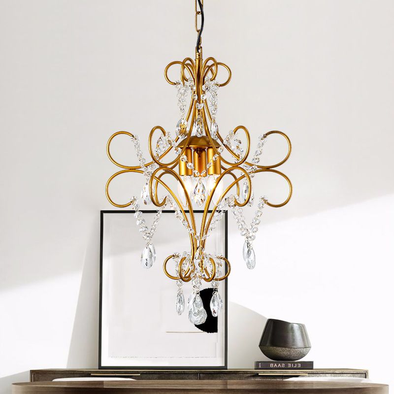 Gold Bent Arm Frame Chandelier Light Modern 3 Lights Iron Hanging Ceiling Light with Glass Strand