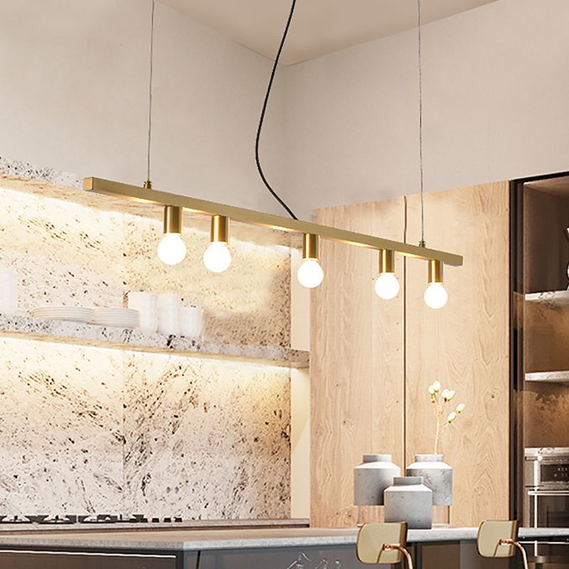 Brass Linear Down Lighting Postmodern 5-Light Metal Hanging Chandelier over Dining Table