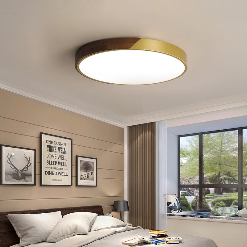 12"/16"/19.5" Dia Round Flush Mount Ceiling Light Simple Metal and Wood LED Gold Ceiling Mount Light for Bedroom in Warm/White/Neutral