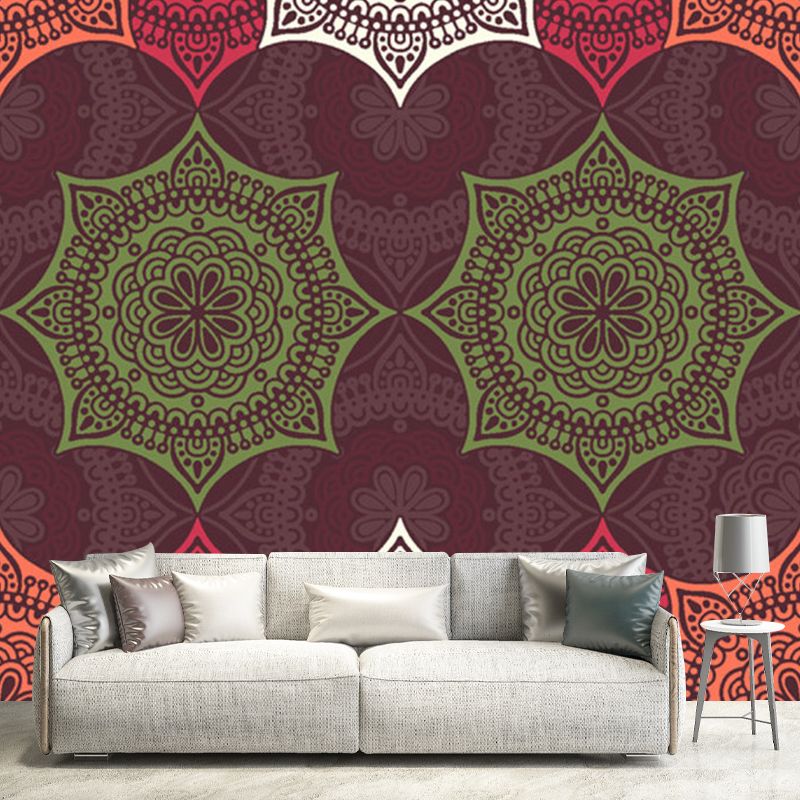 Boho-Chic Floral Pattern Murals Orange and Green Living Room Wall Decor, Made to Measure
