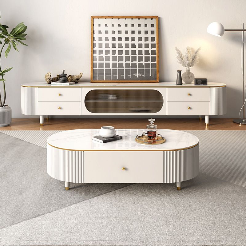 Glam Stone Oval Single White 4 Legs Coffee Table with Drawers