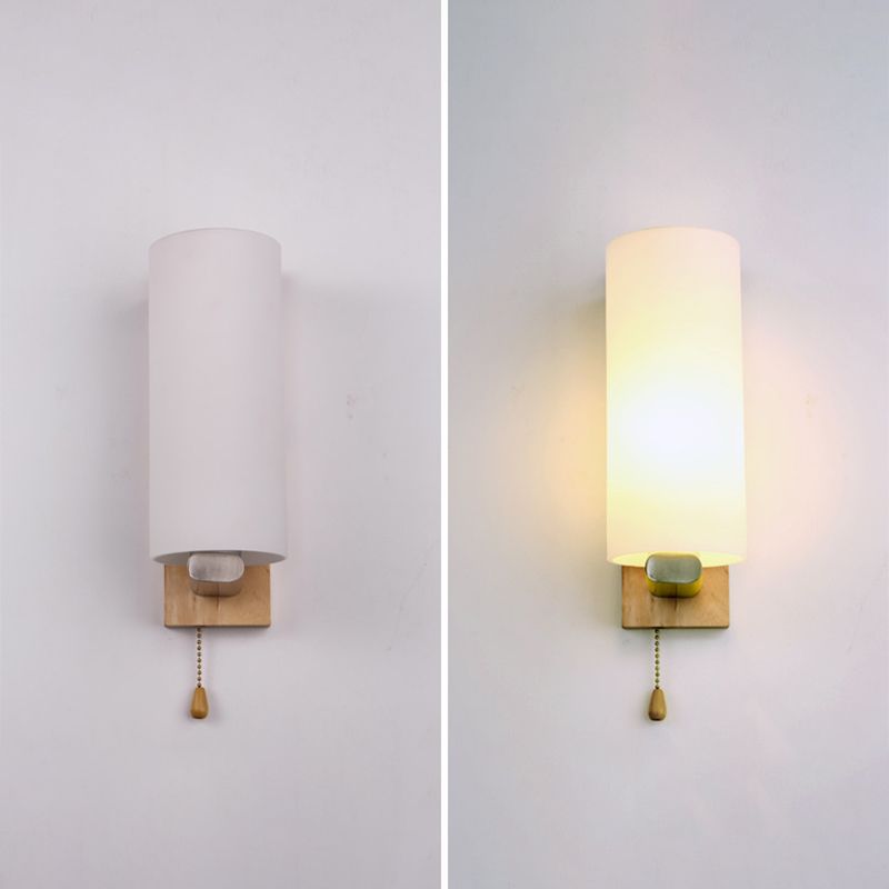 White Glass Wall Light in Modern Concise Style Wooden Cylindroid Wall Sconce for Bedroom